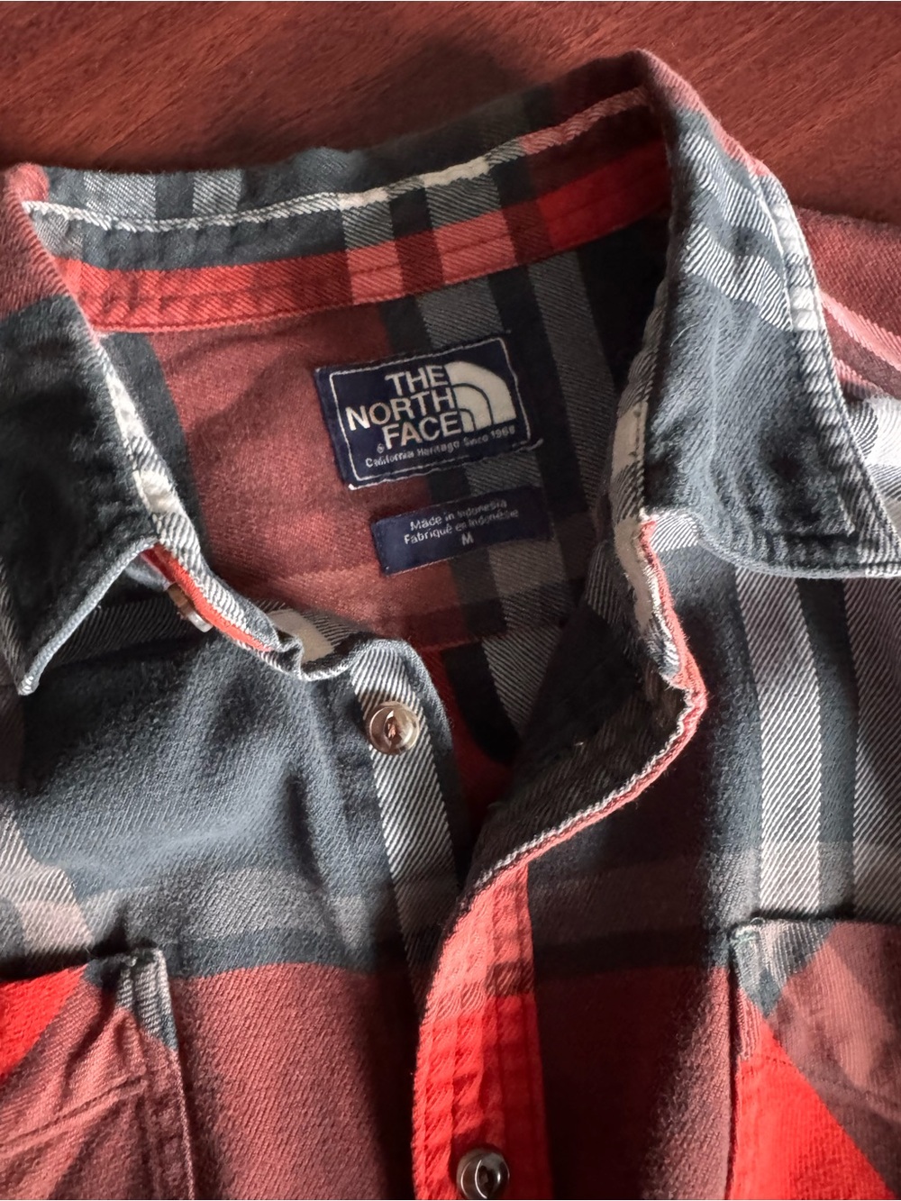 100% cotton North Face Men’s Red and Gray Plaid Button-Down Shirt
